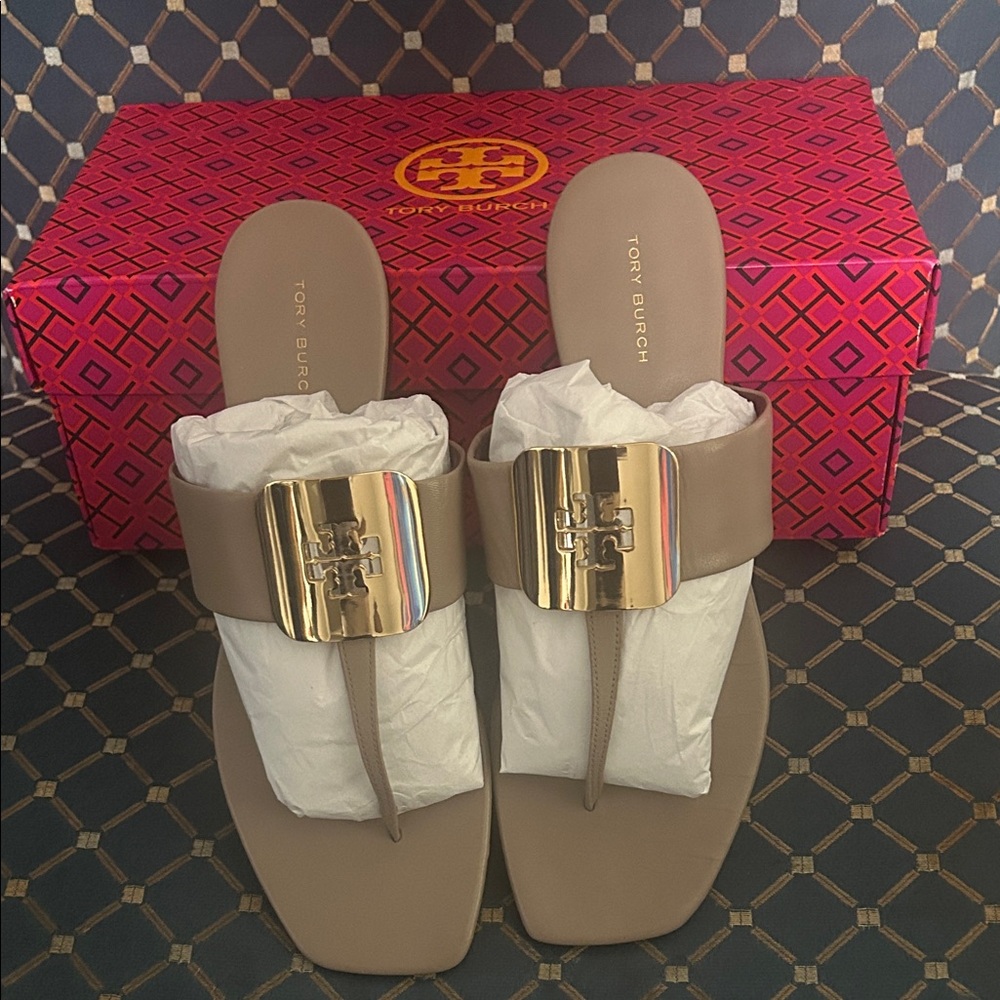 Tory Burch Beige Sandals with Metallic Gold Buckle